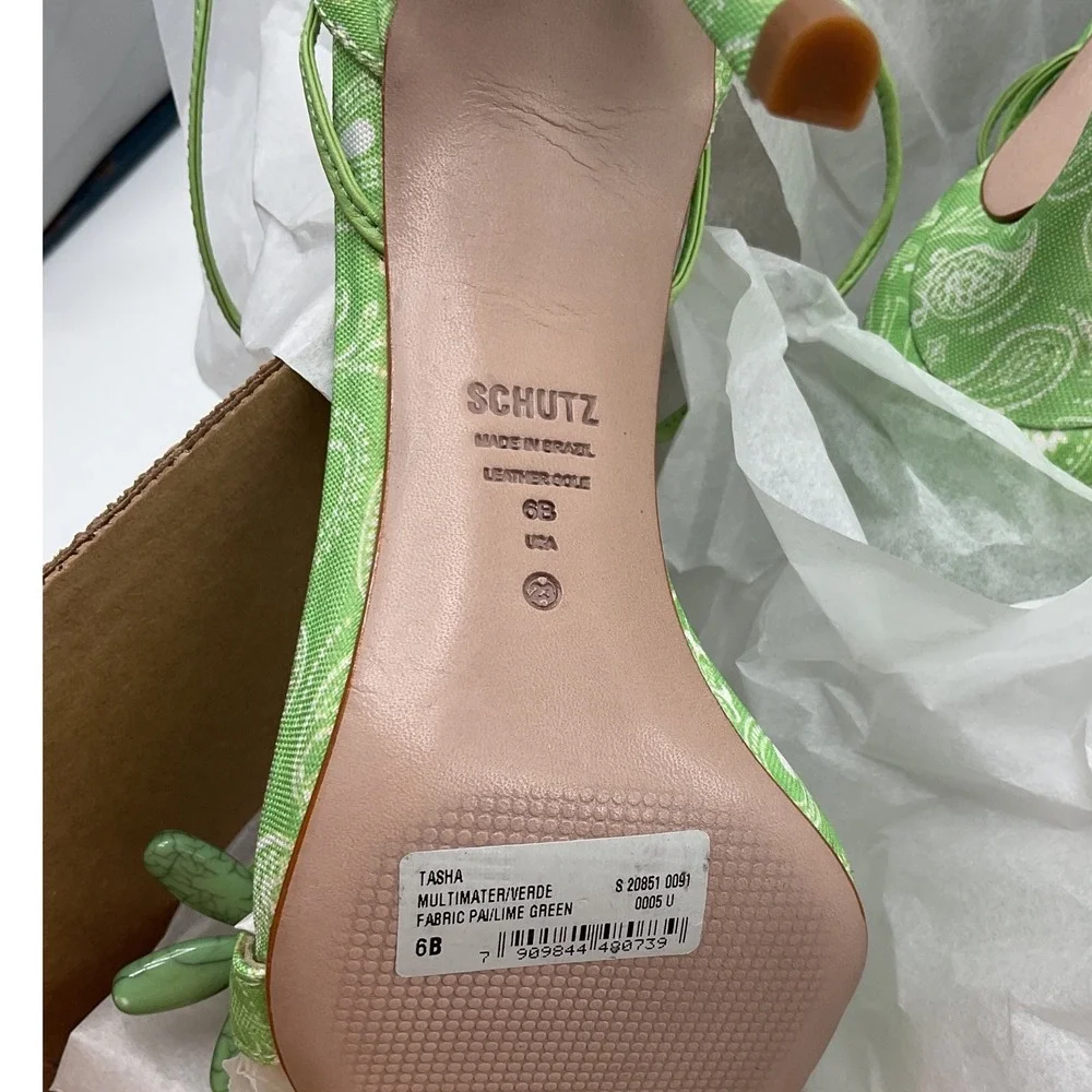Schutz Green Paisley Beaded Ankle Wrap Stiletto Square Toe Sandals Women 6B